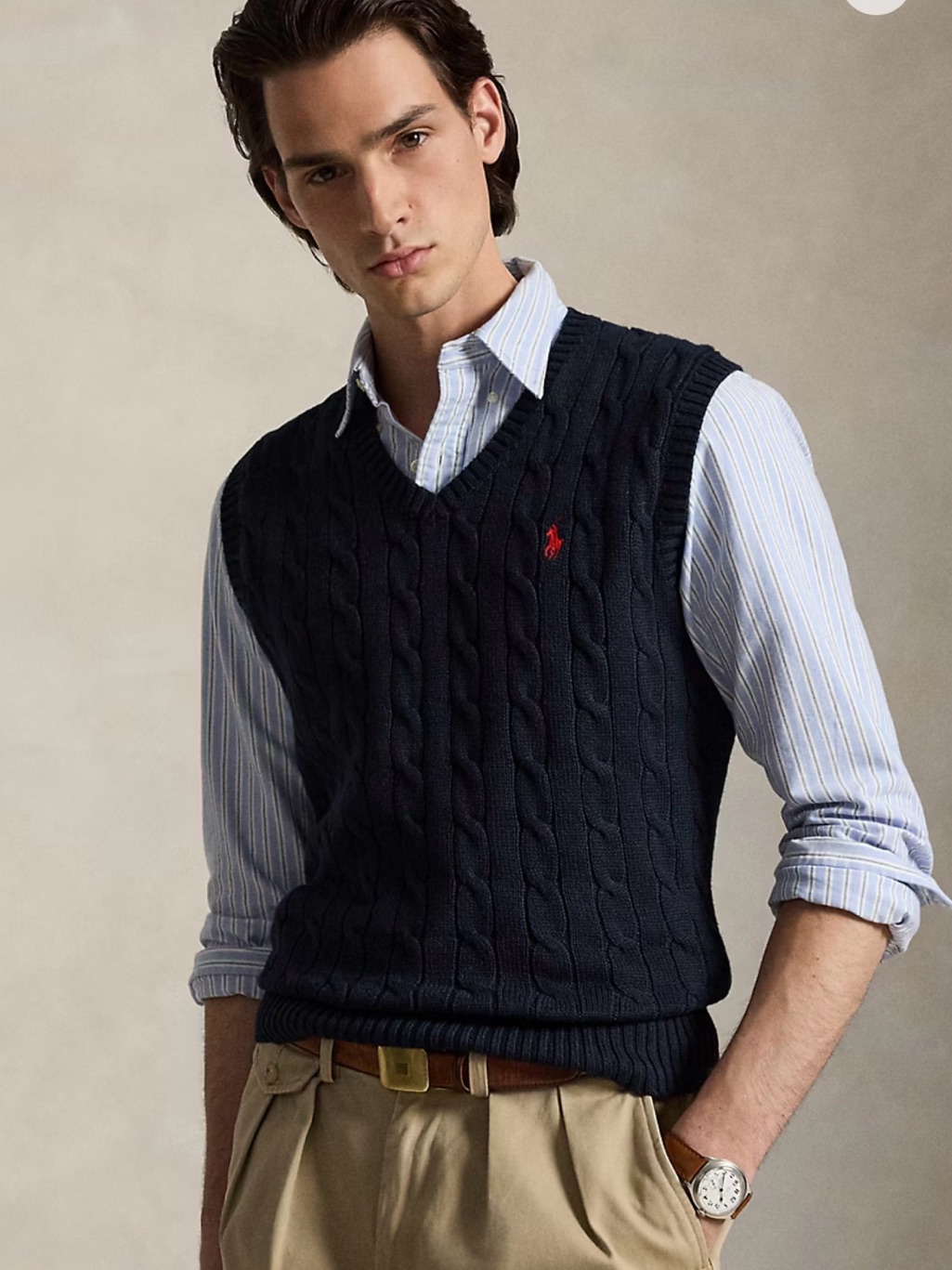 Ralph Lauren Navy Cable-Knit V-Neck Sweater Vest With Red Pony Logo